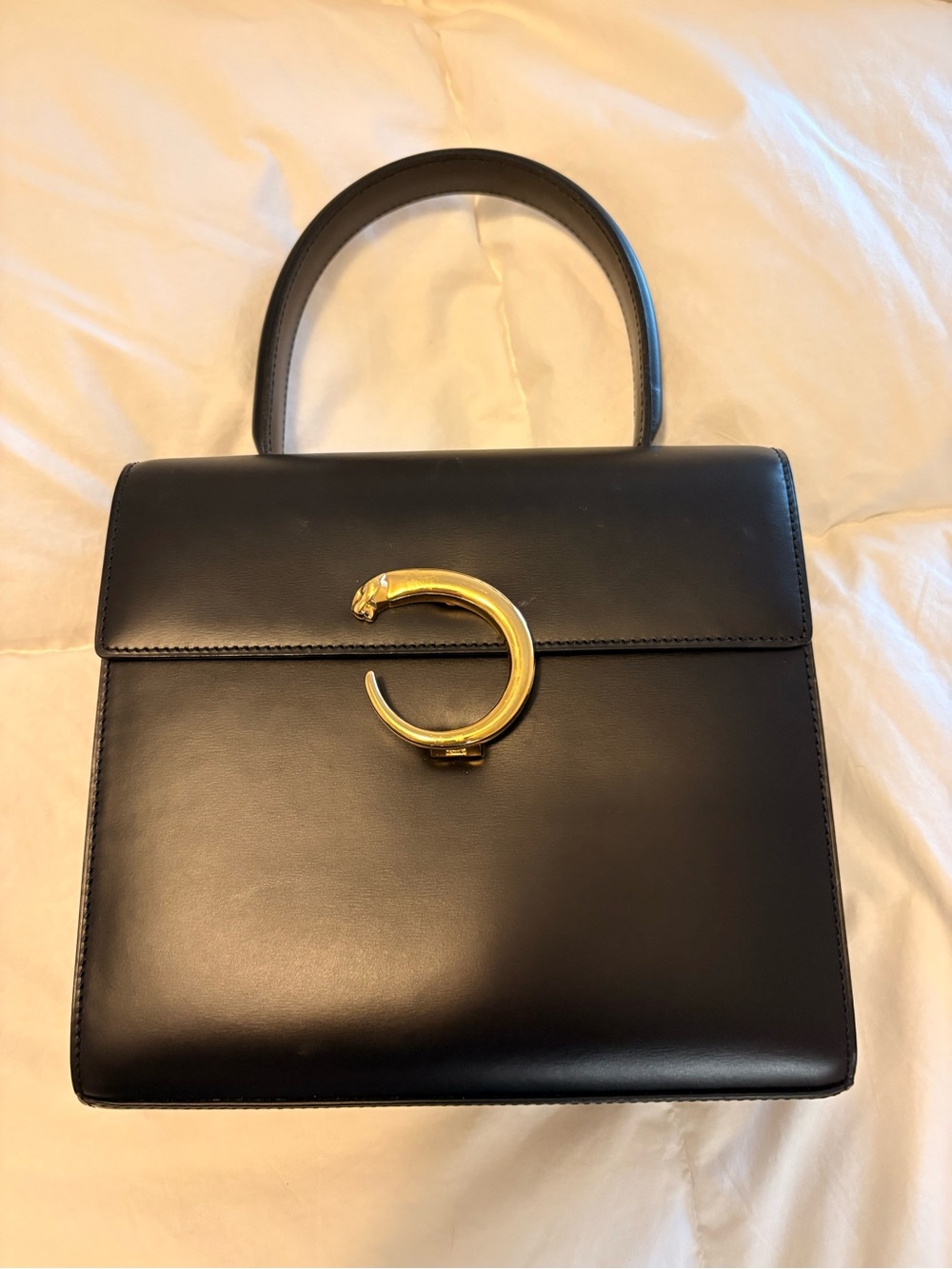 Cartier Black Leather Top-Handle Satchel with Gold C-Hook
